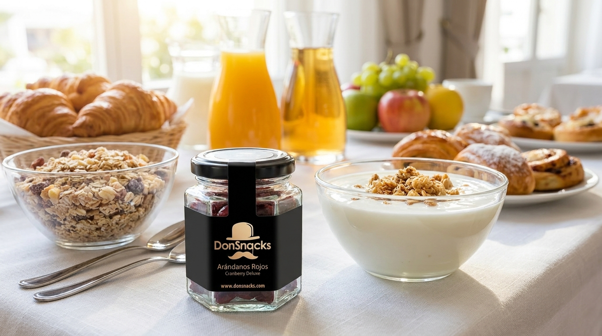 Arándanos Rojos DonSnacks en tarro hexagonal (196 ml) en buffet de desayuno — Imagen generada con IA (producto real)