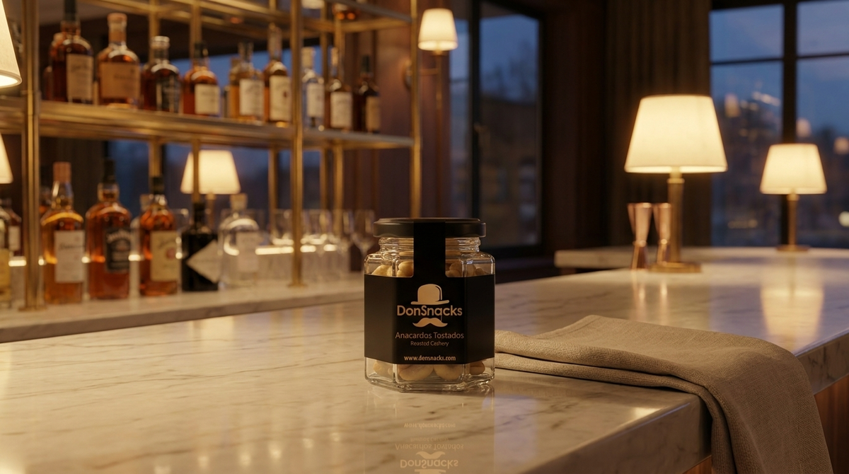 Anacardos Tostados DonSnacks en tarro hexagonal (196 ml), bar de hotel boutique — Imagen generada con IA (producto real)