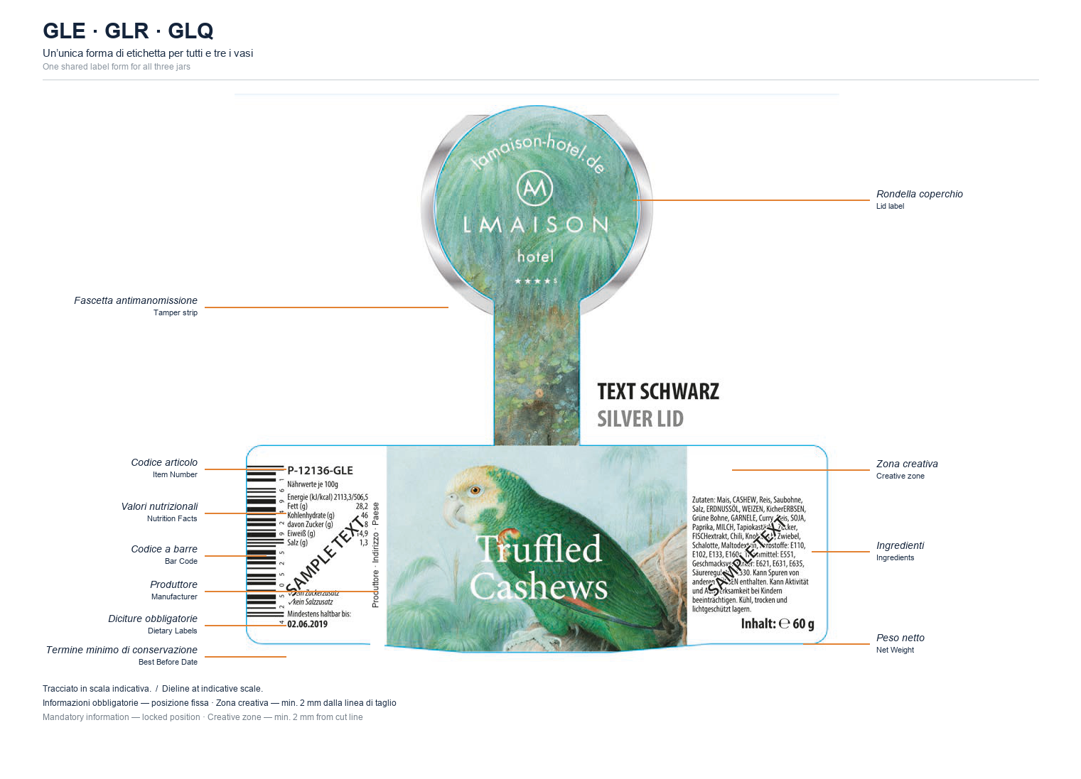Three-part label structure for GLE, GLR and GLQ jars